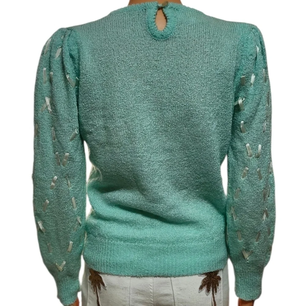 Aqua Knit Sweater with Bow Details & Puff Sleeves | 100% Acrylic | Size S.
